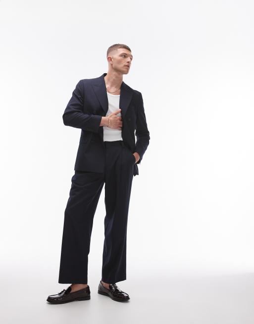 Topman - Broek van linnenmix met wijde pijpen in marineblauw 