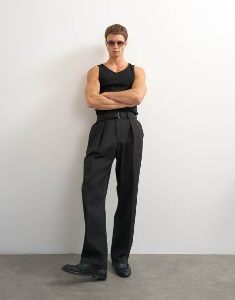 Topman broek van twill met wijde pijpen en riem in zwart - view 1