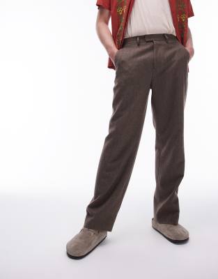 Topman Brown Herringbone Wide Leg Pants In Brown