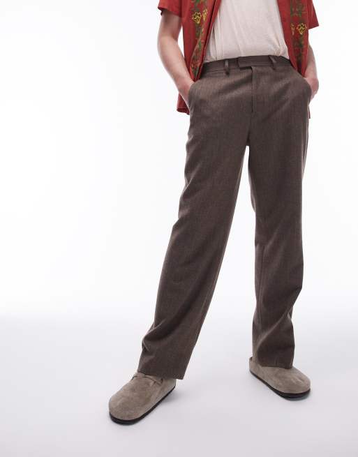 Topman brown herringbone wide leg pants in brown