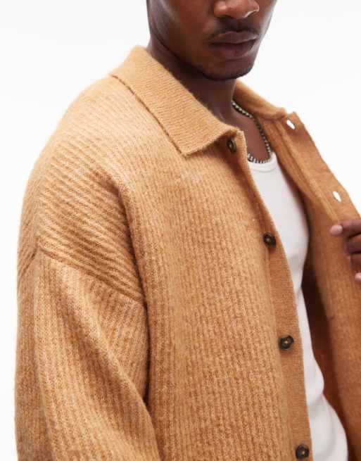 Topman - Børstet cardigan med krave i sennepsgul i afslappet pasform, 3 af 4