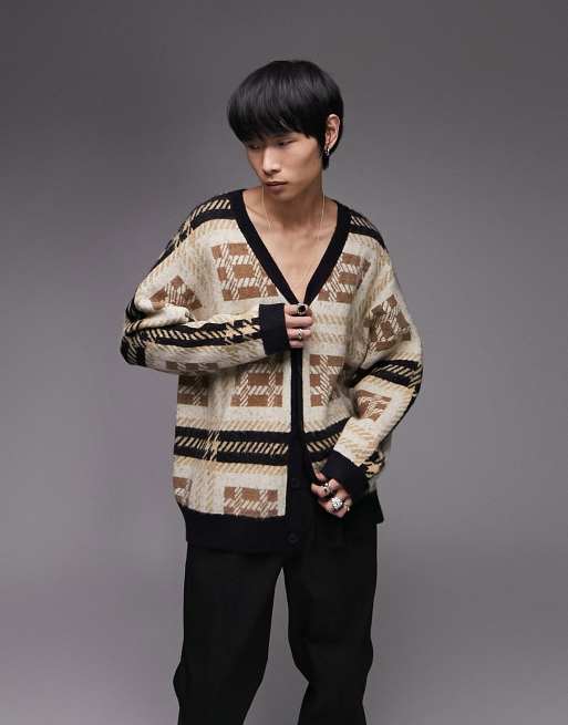 Topman - Brun cardigan med tern i vamset strik