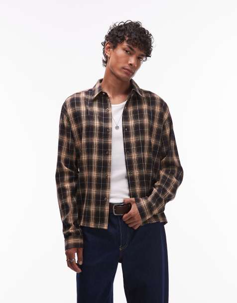 Topman - Brun cropped skjorte med tern i flonel i afslappet pasform - view 1