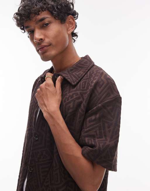 Topman – Brun, jacquardvävd och avslappnad skjorta i jersey med knappar, 3 av 4