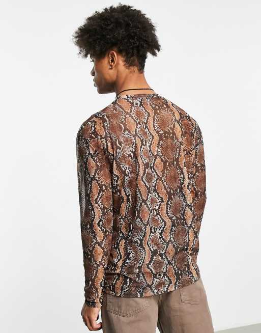 Topman – Brun, klassisk t-shirt med långa ärmar och ormskinnsmönster i mesh, 2 av 4