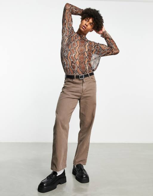 Topman – Brun, klassisk t-shirt med långa ärmar och ormskinnsmönster i mesh, 3 av 4