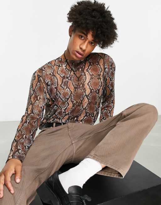 Topman – Brun, klassisk t-shirt med långa ärmar och ormskinnsmönster i mesh, 4 av 4