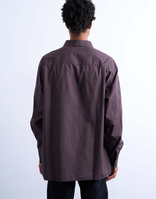 Topman - Brun oversized poplin-skjorte med blomsterbroderi, 5 af 5