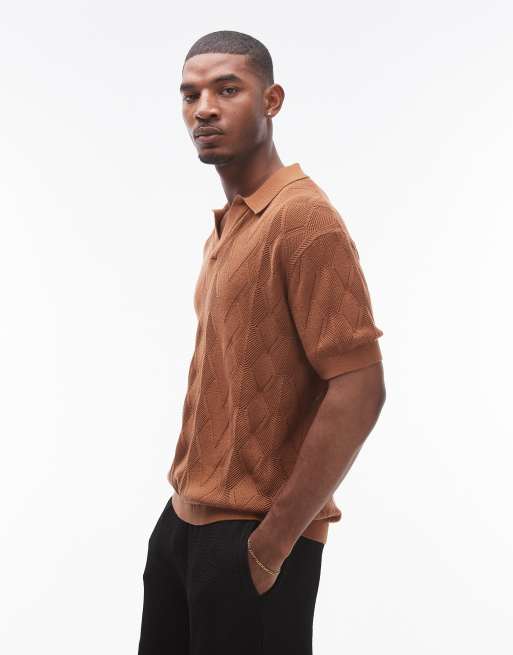 Topman - Brun poloskjorte med diamantformet mønster i pointelle-strik