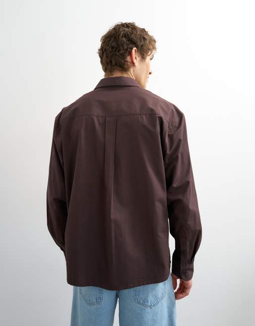 Topman - Brun poplin-skjorte i afslappet pasform, 3 af 5