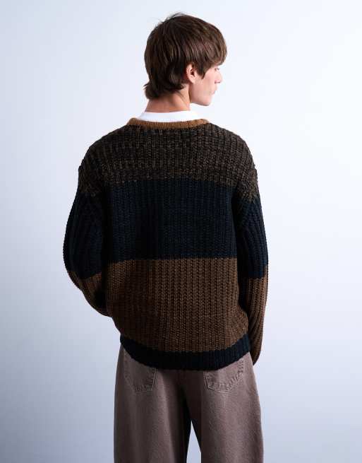 Topman - Brun strikket oversized trøje med striber i farveblokstil, 4 af 5