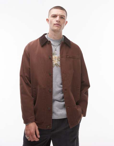 Topman – Brun vadderad arbetsjacka med kontrastfärgad krage - view 1