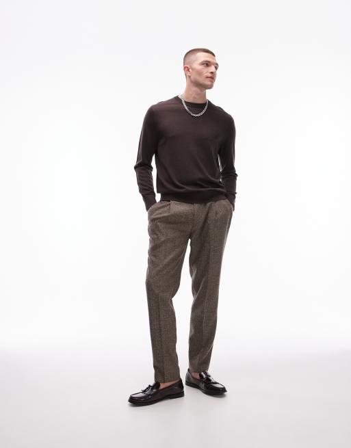 Topman – Bruna, avsmalnande kostymbyxor med fiskbensmönster