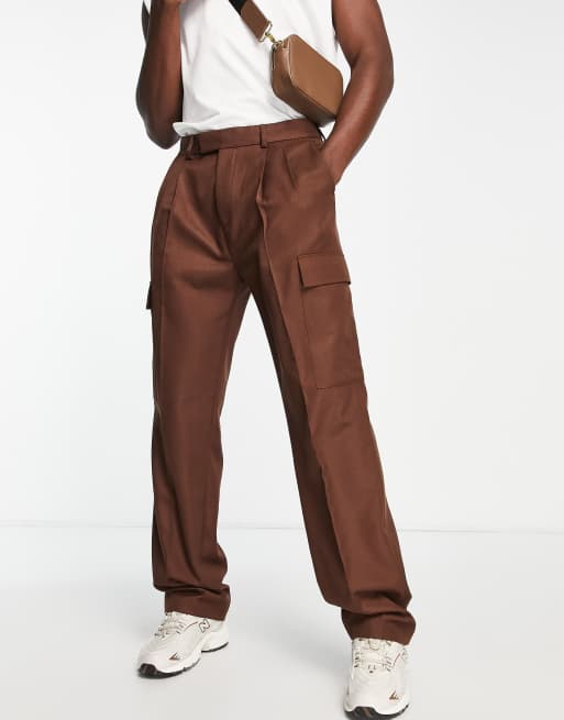 Topman - Brune cargobukser i twill med vide ben 