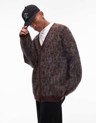 brushed animal leopard cardigan-Brown