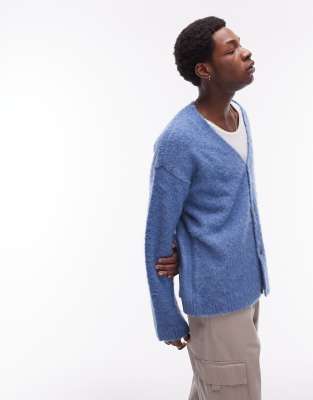 Topman brushed boucle cardigan in blue