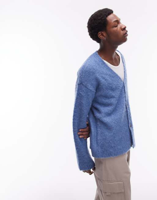 Topman brushed boucle cardigan in blue | ASOS