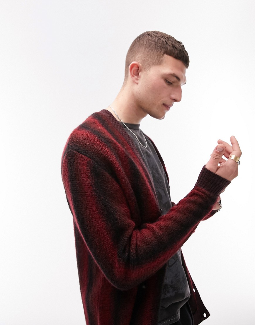 Topman brushed cardigan with ombre stripe in burgundy-Pink