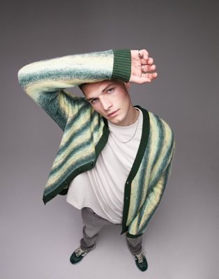 Topman brushed cardigan with ombre stripe in green