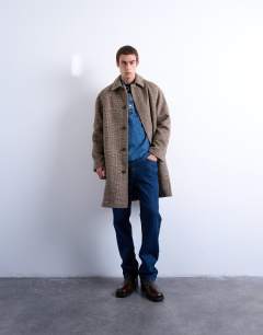 Model wearing Brushed check wool blend overcoat in brown
