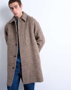 Model wearing Brushed check wool blend overcoat in brown