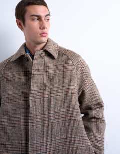 Model wearing Brushed check wool blend overcoat in brown