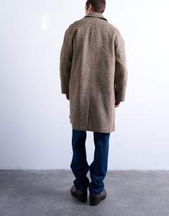 Model wearing Brushed check wool blend overcoat in brown