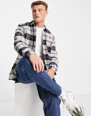 Topman brushed flannel check shirt in navy and brown