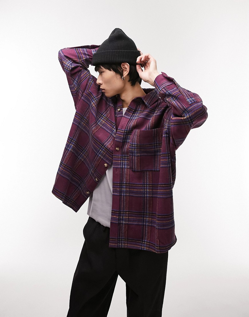 Topman brushed flannel check shirt in purple