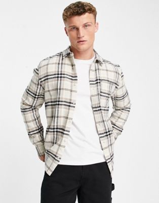 Topman brushed flannel check shirt in stone
