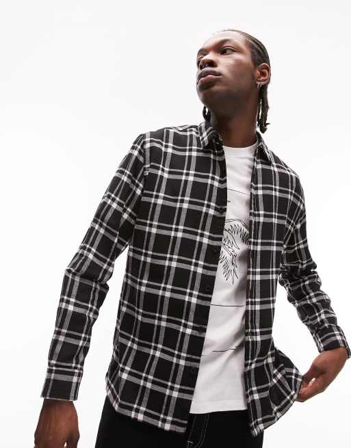 Topman brushed flannel plaid shirt in black 