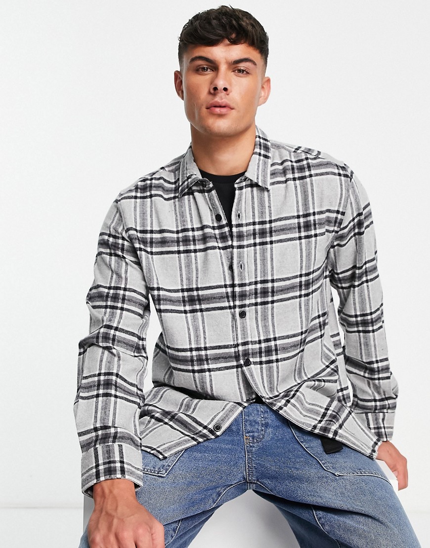 Topman brushed flannel plaid shirt in gray