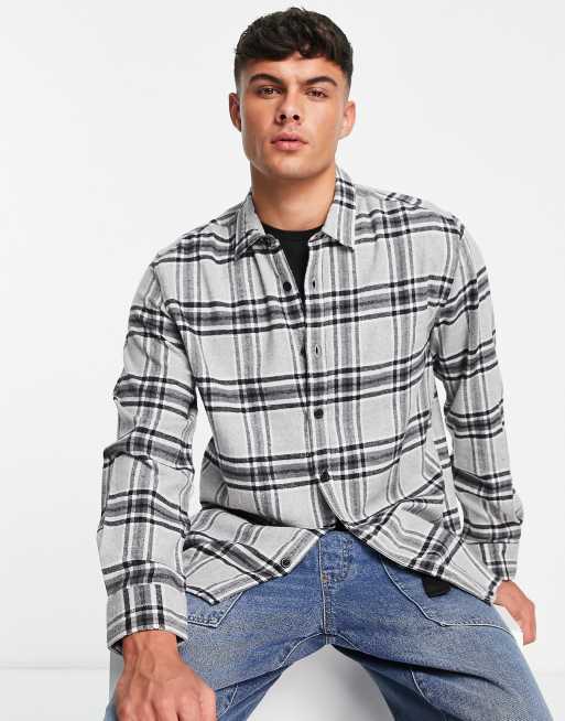 Topman brushed flannel plaid shirt in gray | ASOS