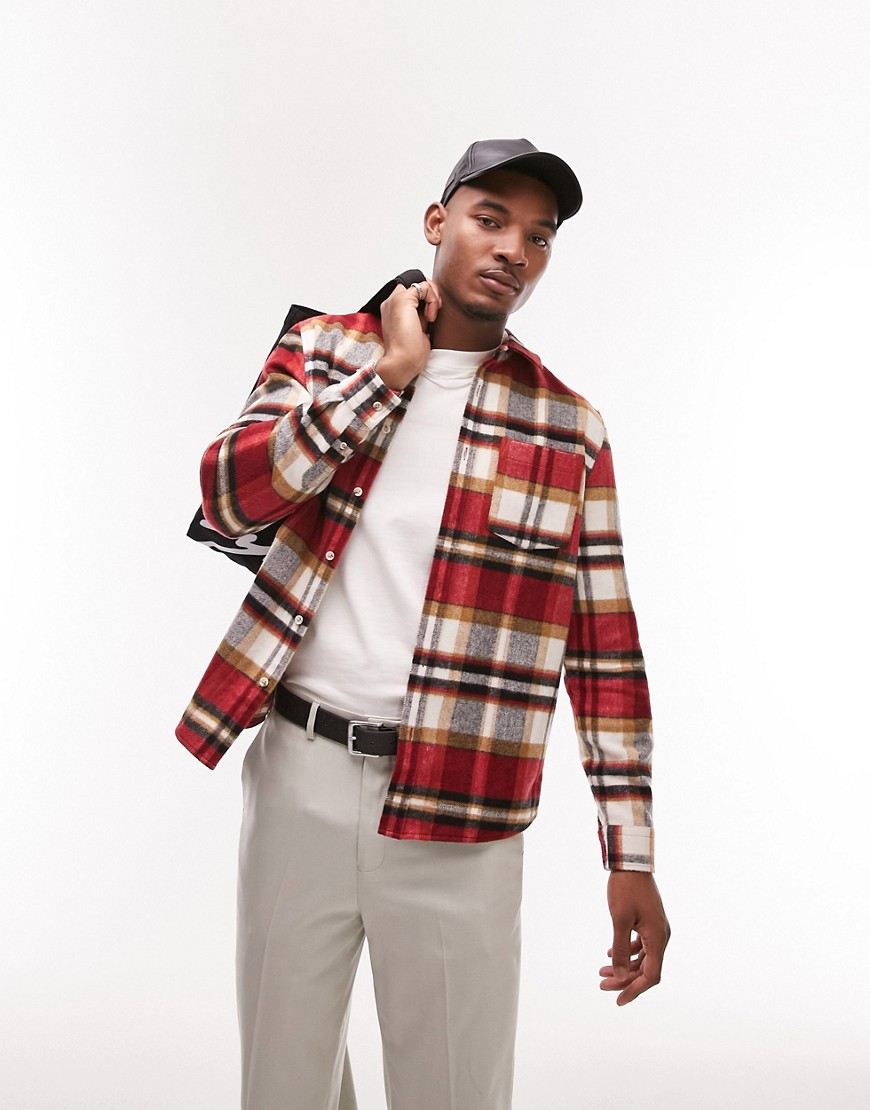 Topman brushed flannel plaid shirt in red