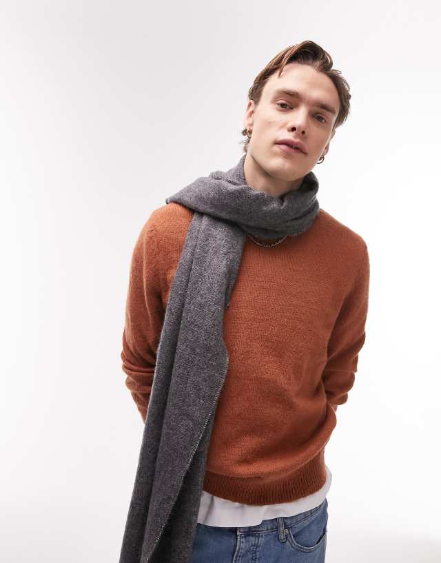 Topman brushed knit crew neck sweater in brown