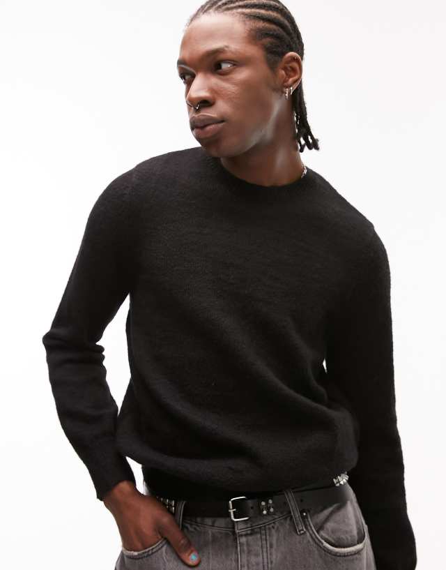 Topman brushed knitted crew neck sweater in black