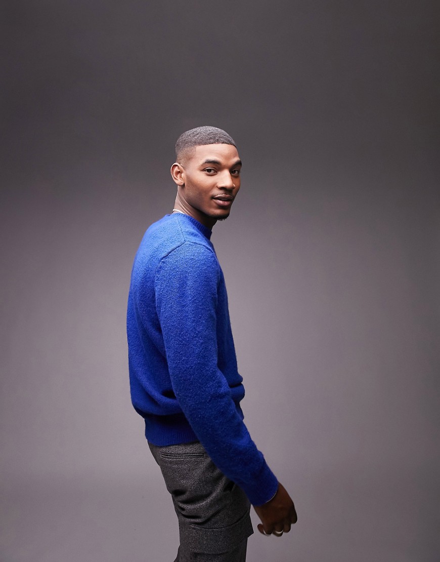 Topman brushed knitted crew neck sweater in blue