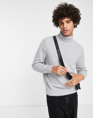 Topman brushed knitted roll neck in jumper light grey