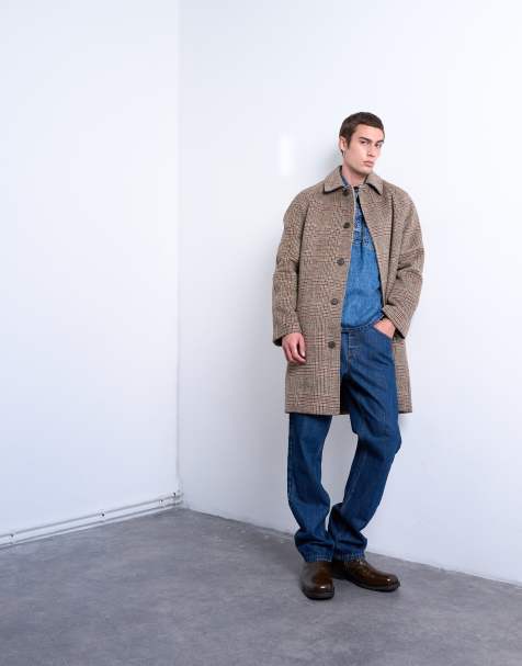 Topman brushed plaid wool blend overcoat in brown - view 1
