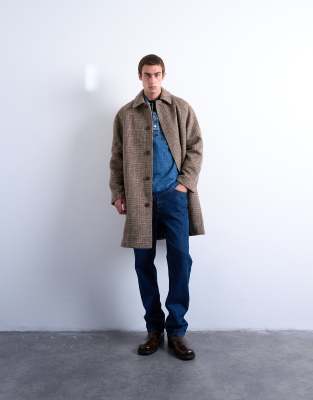Topman Brushed Plaid Wool Blend Overcoat In Brown