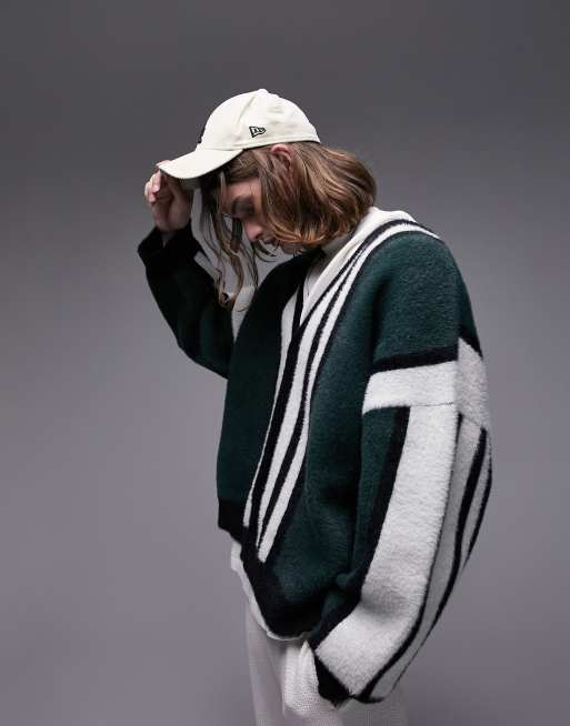 Topman brushed striped cardigan in green