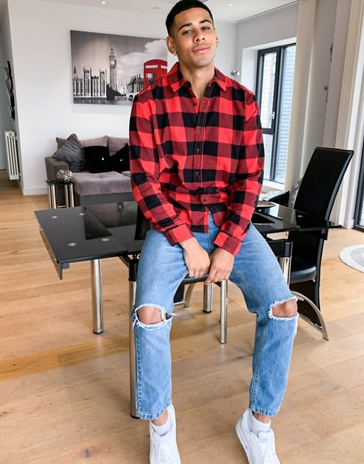 Topman buffalo check shirt in red and black