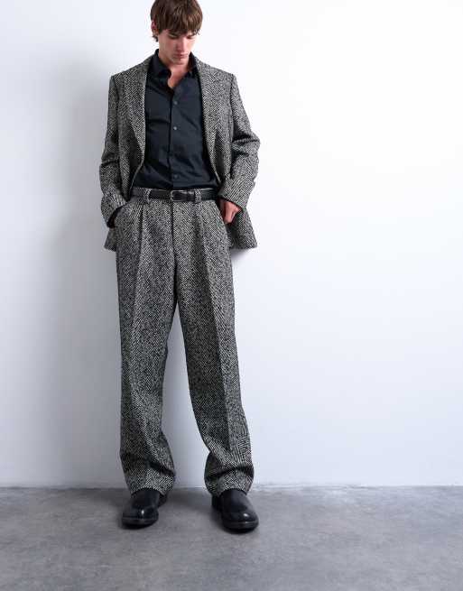 Topman bukser med brede ben i uldblanding og fiskeben i sort, 2 af 5