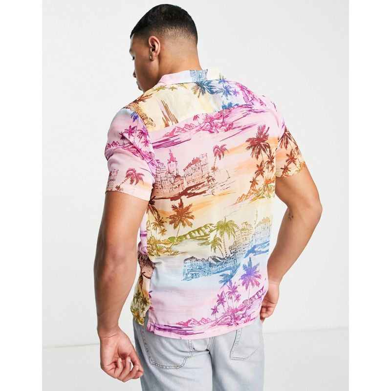 Topman – Buntes Hemd aus Netzstoff mit Palmenmuster