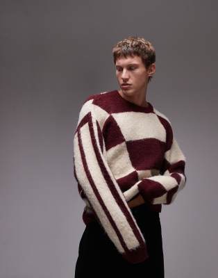 Topman Burgundy And Ecru Color Block Sweater-red