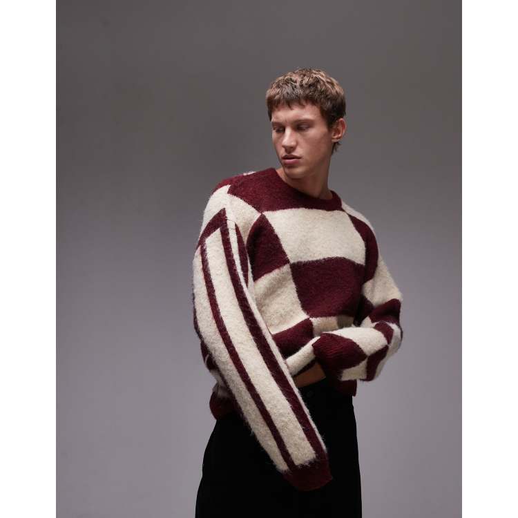 Topman burgundy and ecru color block sweater ASOS