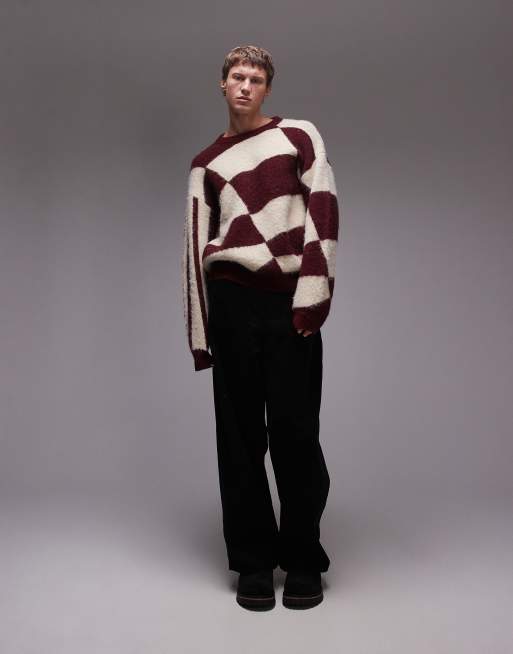 Topman burgundy and ecru color block sweater ASOS
