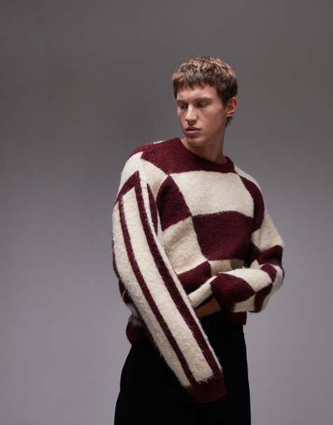 Topman burgundy and ecru colour block jumper - view 1