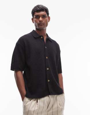 Topman Button Through Crochet Shirt In Black