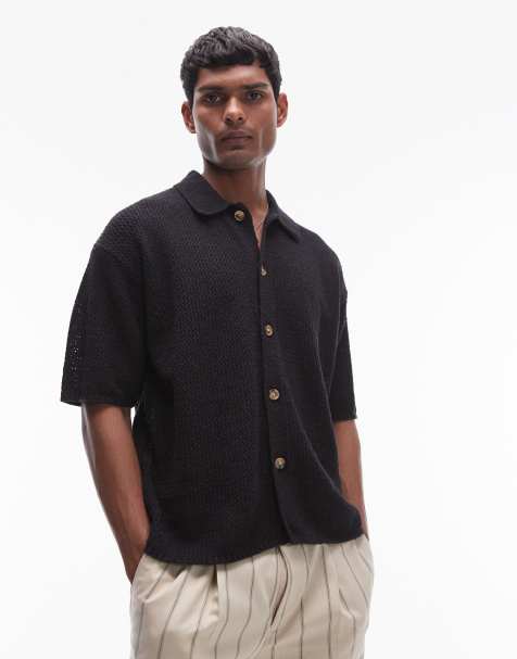 Topman button through crochet shirt in black - view 1